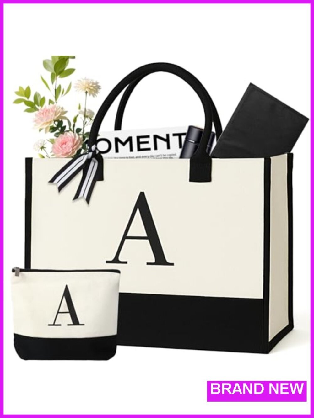 Personalized Canvas Tote Bag with Zipper Pouch, Monogrammed Gift